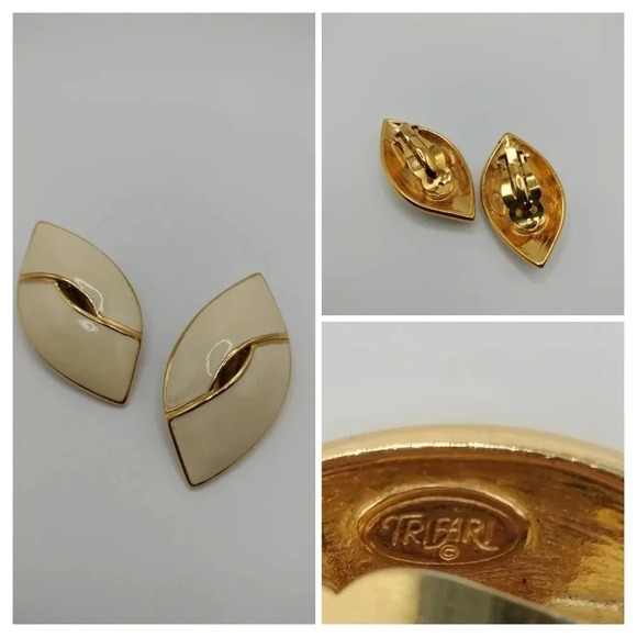 Trifari Cream Enamel and Gold Tone Diamond Shape Post Earrings - Picture 1 of 4